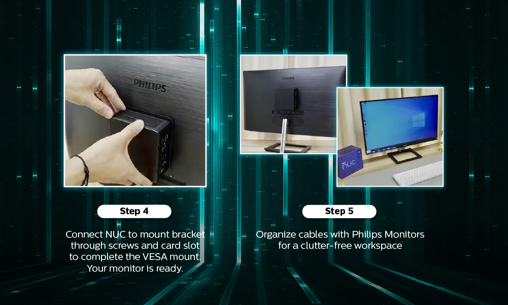 Step 4: Connect NUC to mount bracket through screws and card slot to complete the VESA mount. Step 5: Organize cables with Philips Monitors for a clutter-free workspace.